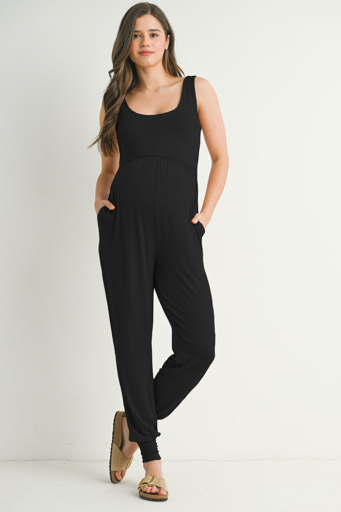 Black Sleeveless Scoop Neck Maternity Jumpsuit Jogger with Pockets Front View