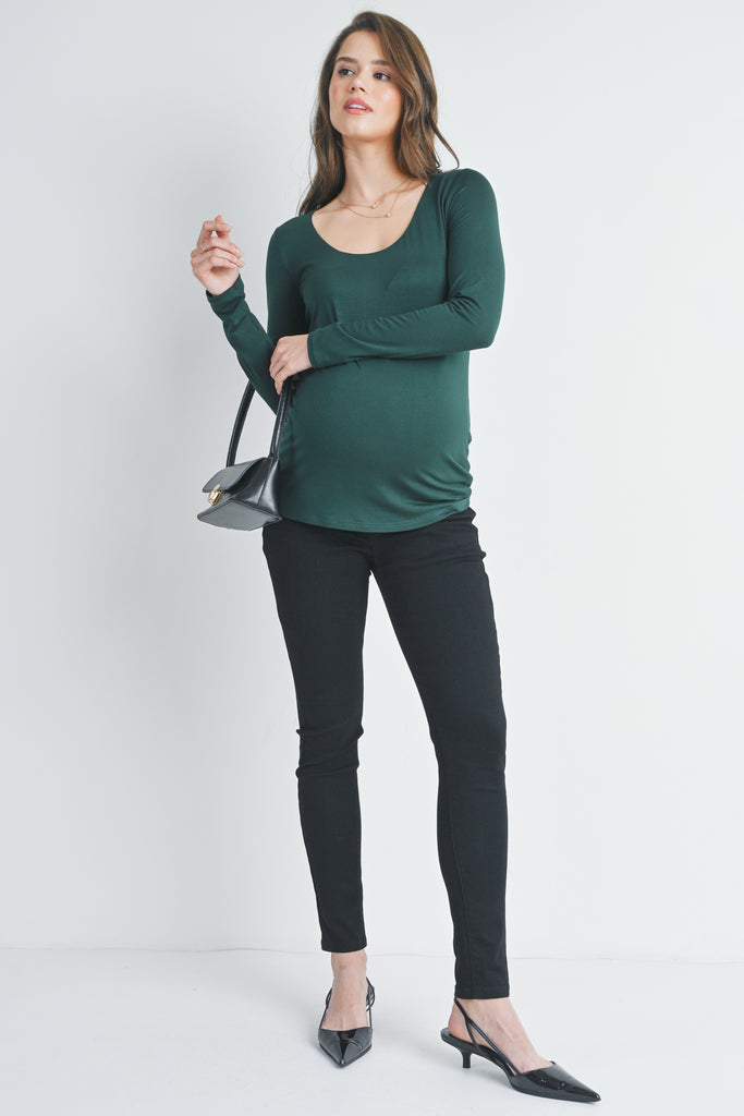 Hunter Green Fitted Long Sleeve Scoop Neck Maternity Top Full Body