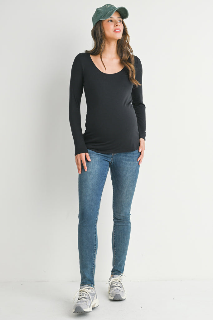 Black Fitted Long Sleeve Scoop Neck Maternity Front View