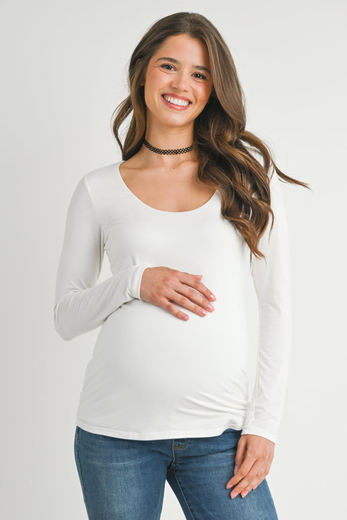 Off White Fitted Long Sleeve Scoop Neck Maternity Front View