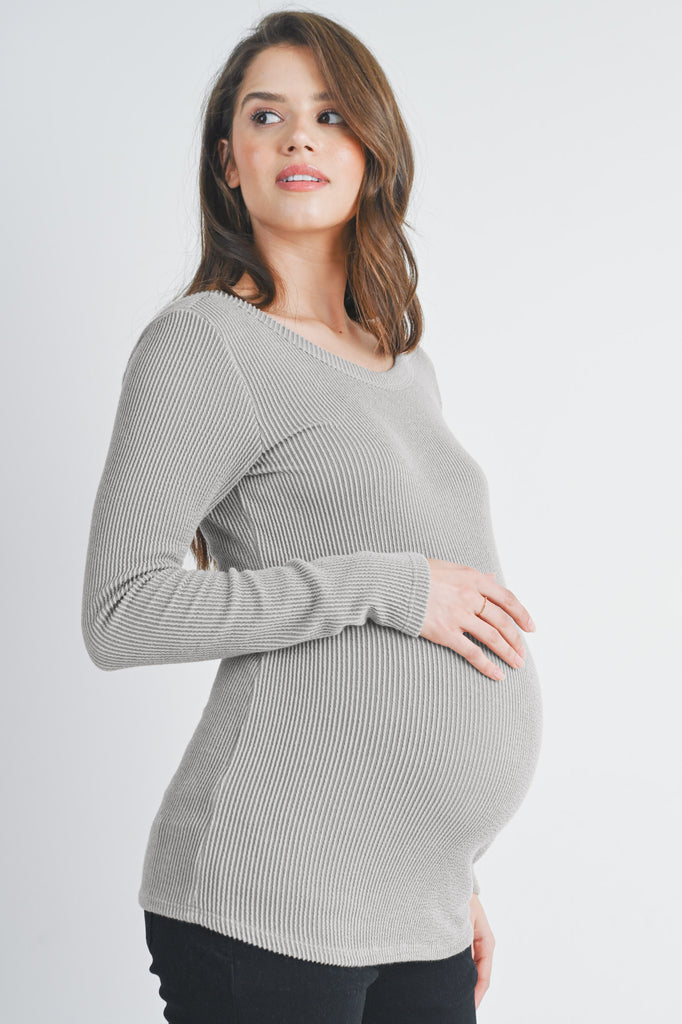 Silver Ribbed Long Sleeve Scoop Neck Maternity Top Side View