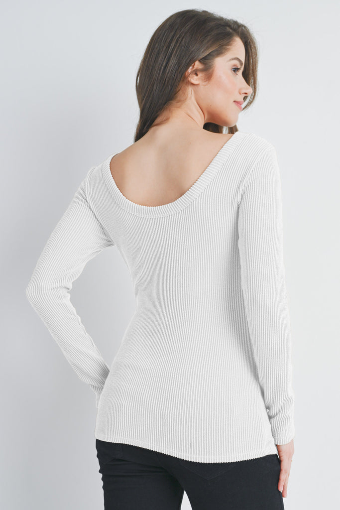 Off White Ribbed Long Sleeve Scoop Neck Maternity Top Back View