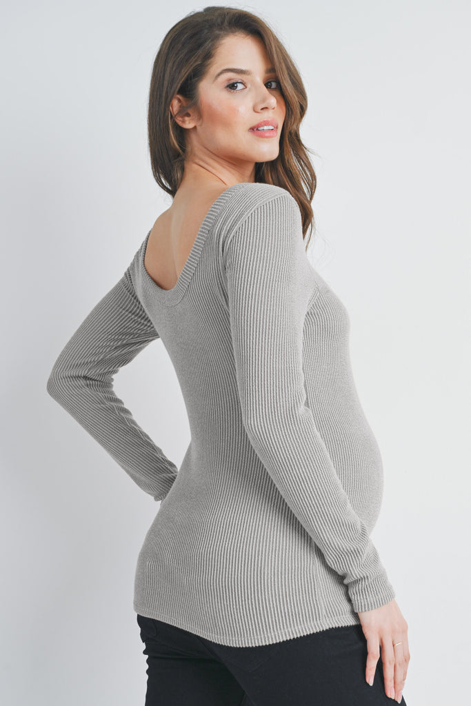 Silver Ribbed Long Sleeve Scoop Neck Maternity Top Back View