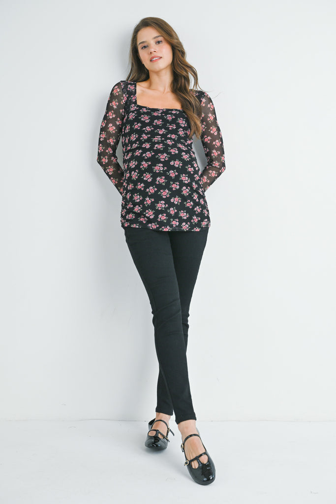 Black Floral Sheer Sleeve Square Neck Maternity Top Full Body