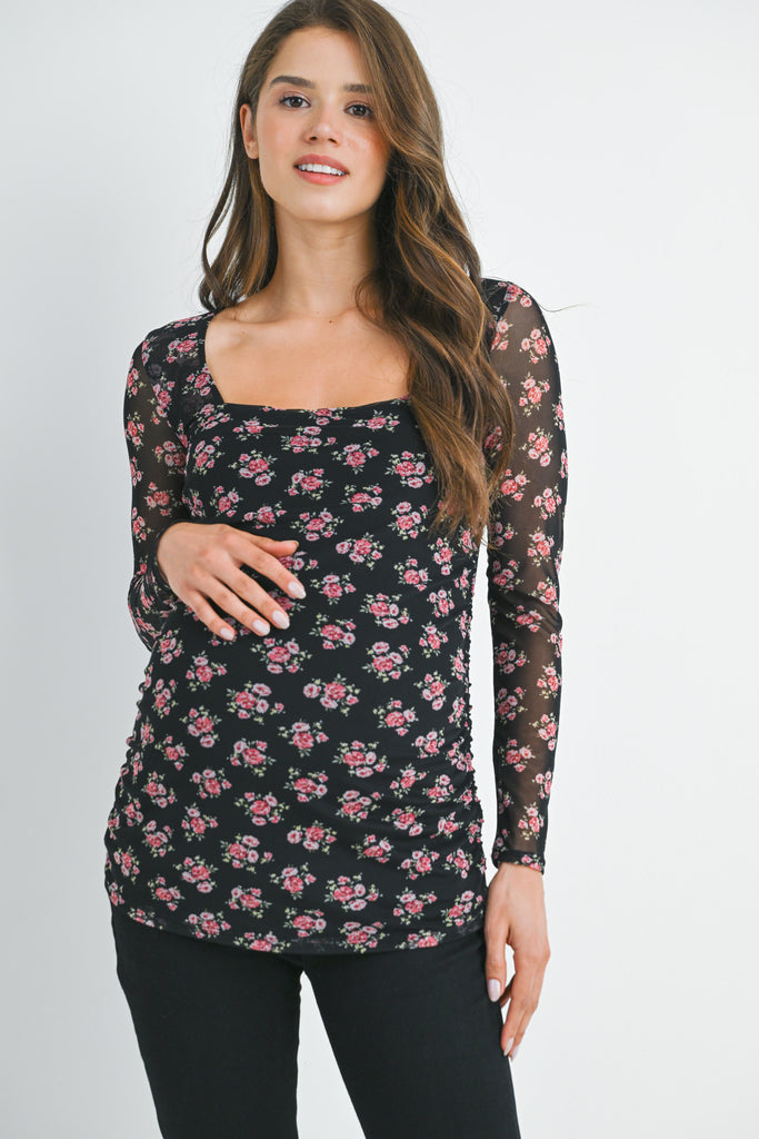 Black Floral Sheer Sleeve Square Neck Maternity Top Front View