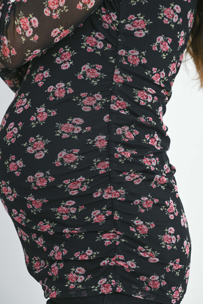 Black Floral Sheer Sleeve Square Neck Maternity Top Side Detail