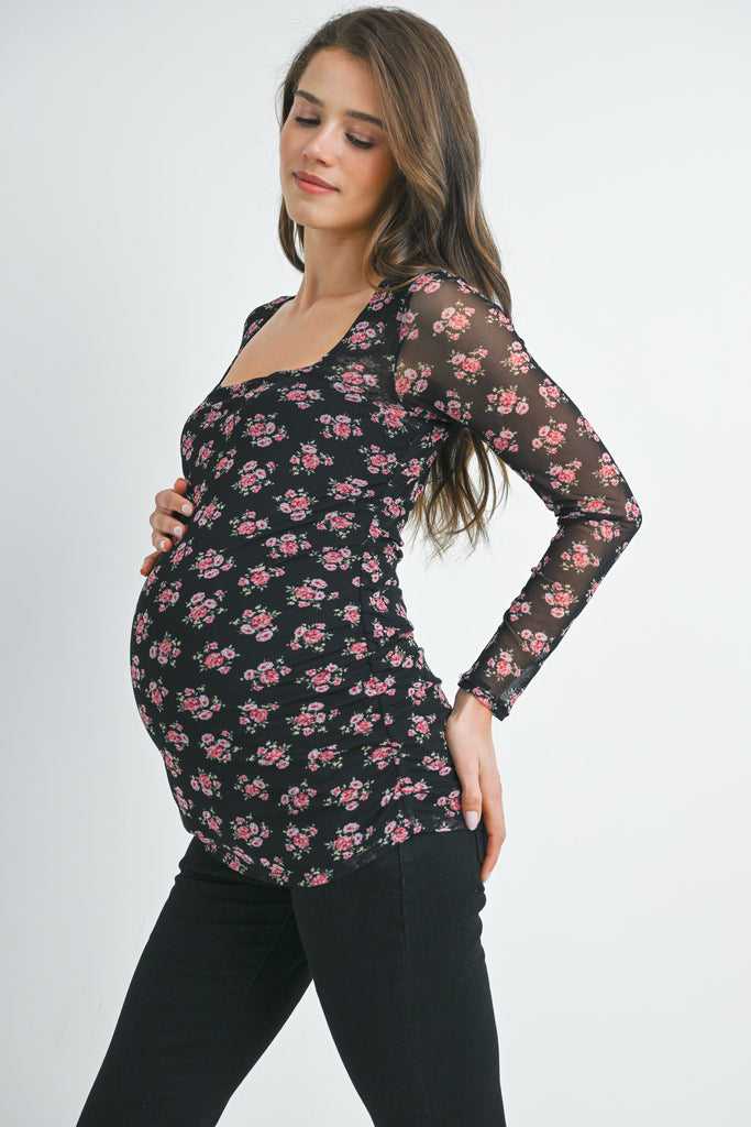 Black Floral Sheer Sleeve Square Neck Maternity Top Side View