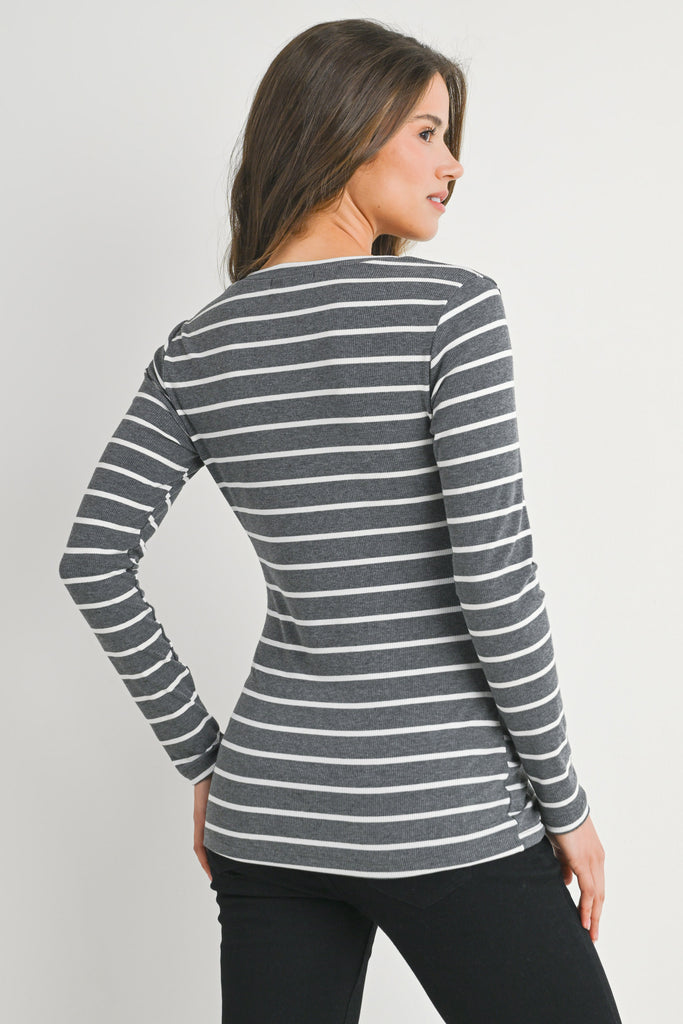 Charcoal/white Stripped Ribbed Long Sleeve Maternity Top  Back View