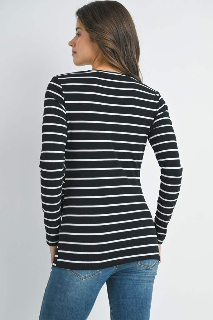 Black/white Stripped Ribbed Long Sleeve Maternity Top Back View