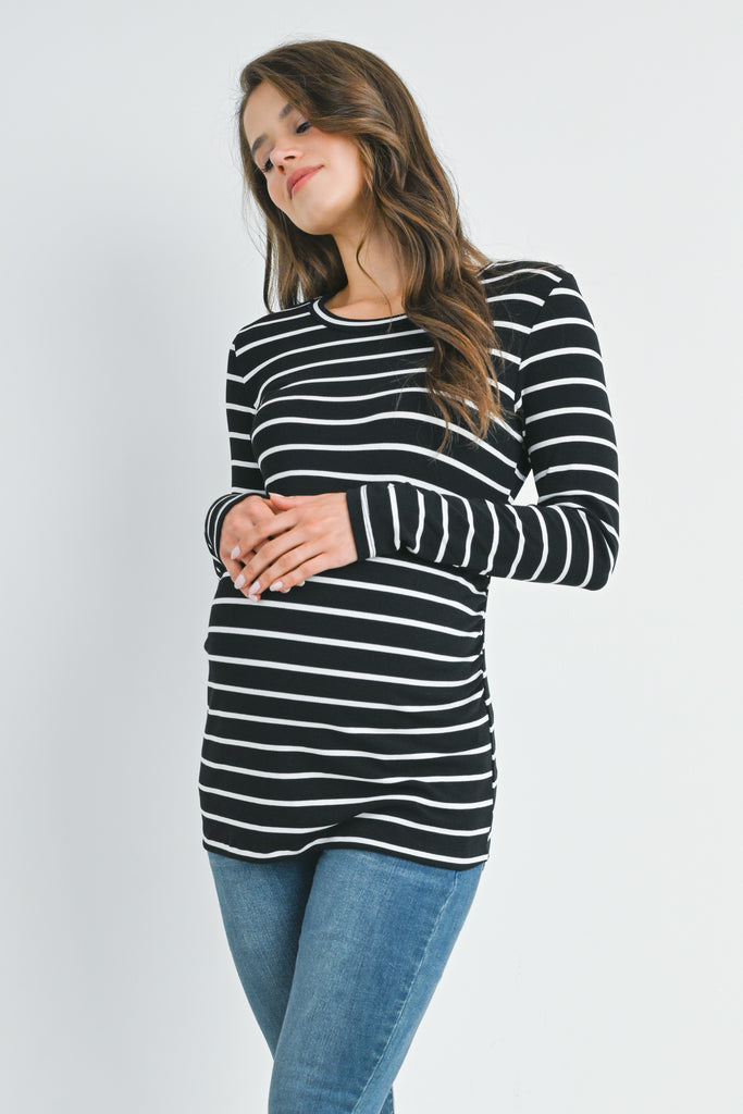 Black/white Stripped Ribbed Long Sleeve Maternity Top Front View