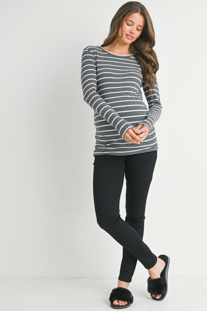 Charcoal/white Stripped Ribbed Long Sleeve Maternity Top Full Body