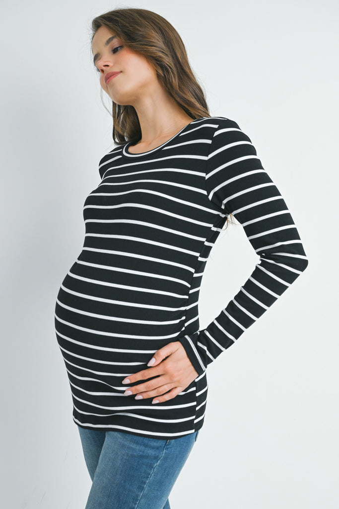 Black/white Stripped Ribbed Long Sleeve Maternity Top Side View