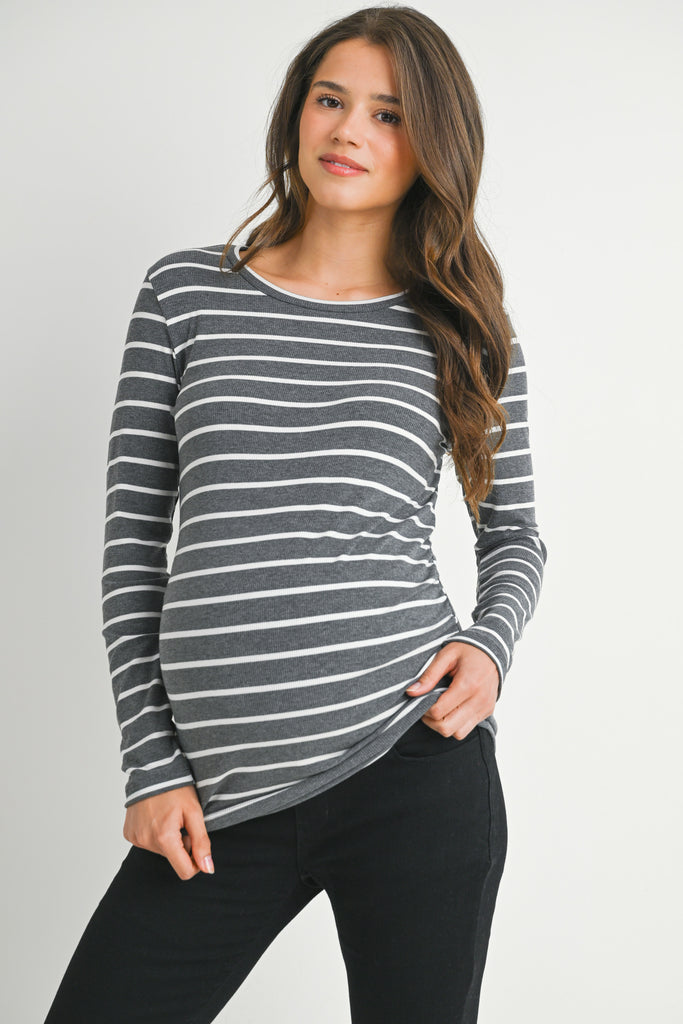 Charcoal/white Stripped Ribbed Long Sleeve Maternity Top Front View