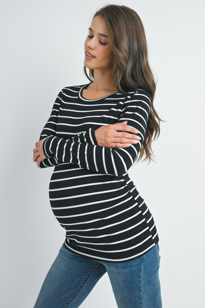 Black/white Stripped Ribbed Long Sleeve Maternity Top Side View