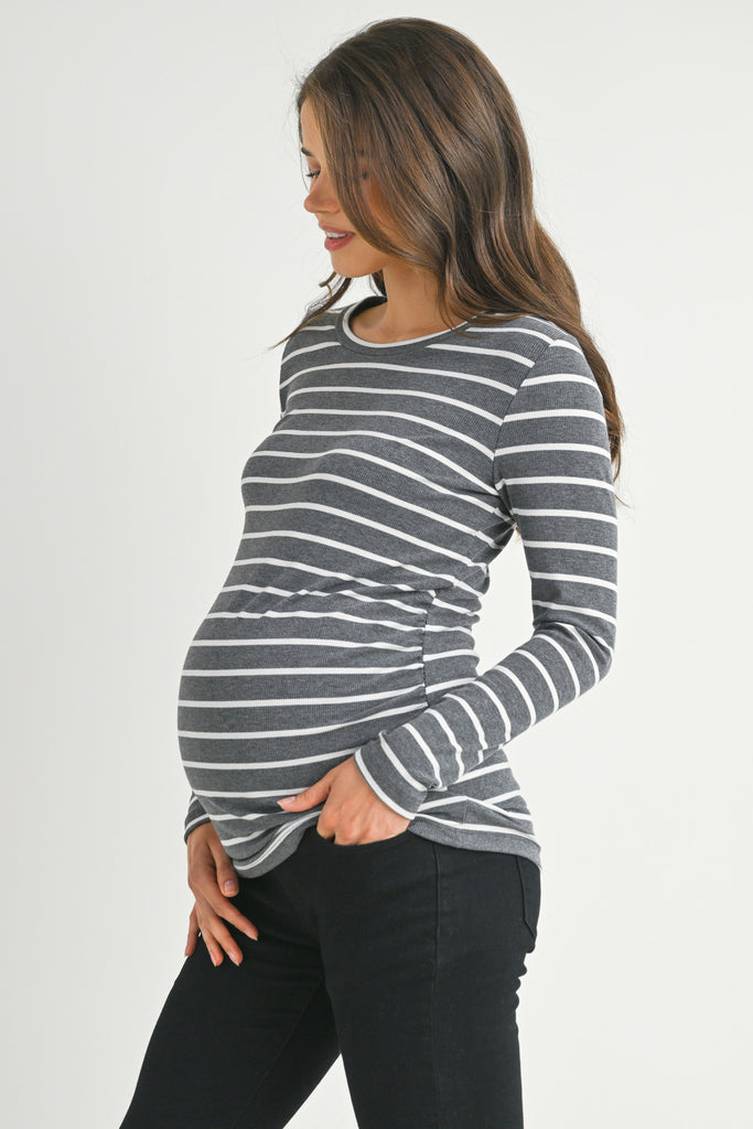 Charcoal/white Stripped Ribbed Long Sleeve Maternity Top Side View