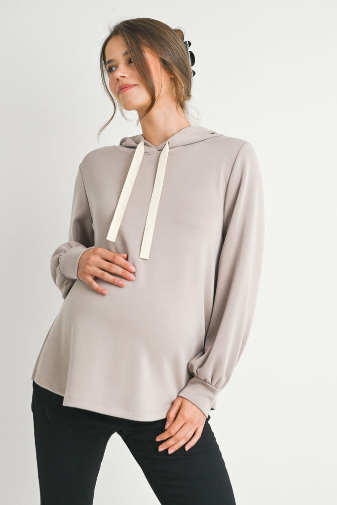 Taupe Casual Maternity Loose Fit Pull Over Hoodie Front View