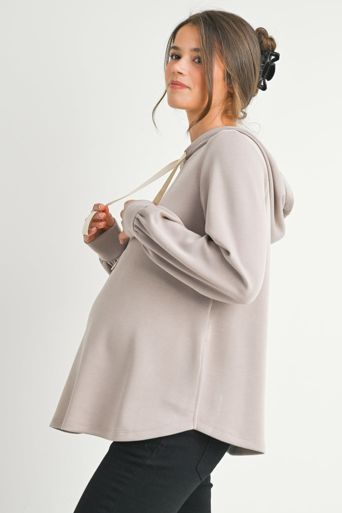 Taupe Casual Maternity Loose Fit Pull Over Hoodie Side View