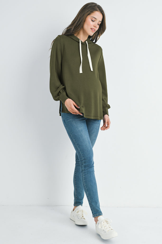 Olive Casual Maternity Loose Fit Pull Over Hoodie Full Body