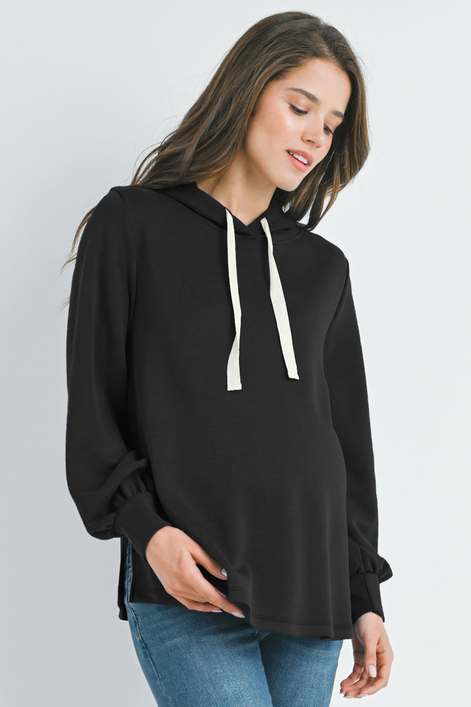 Black Casual Maternity Loose Fit Pull Over Hoodie Full Body Front View