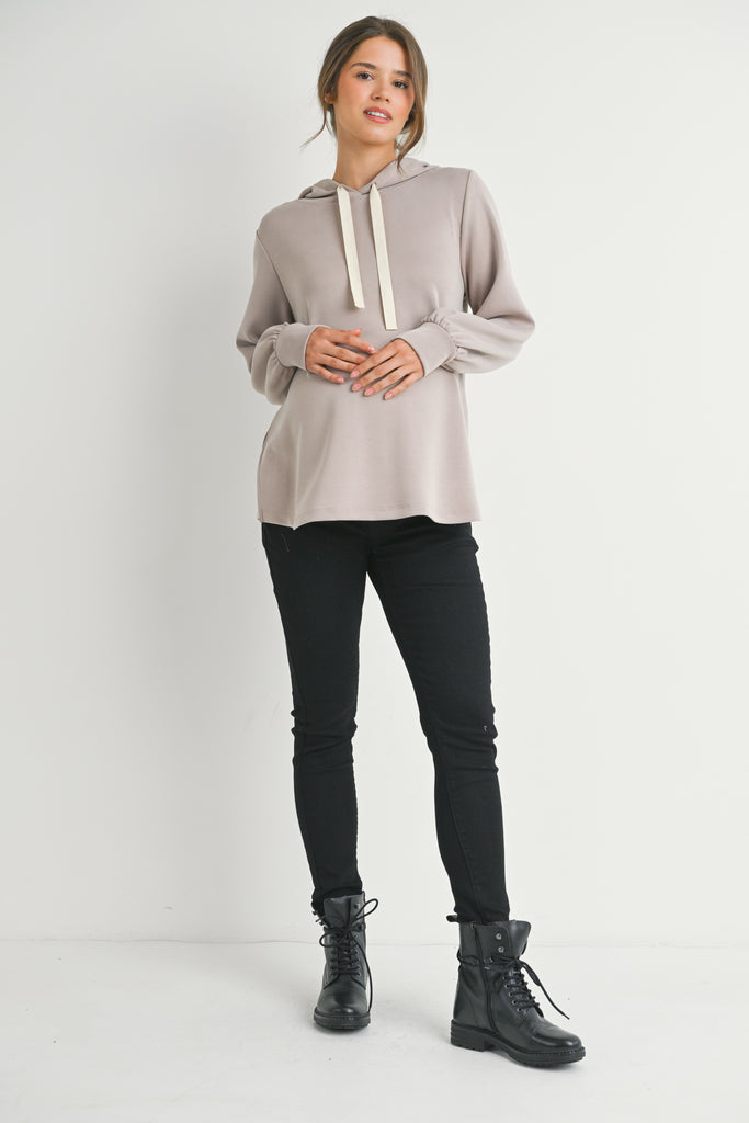 Taupe Casual Maternity Loose Fit Pull Over Hoodie Full Body