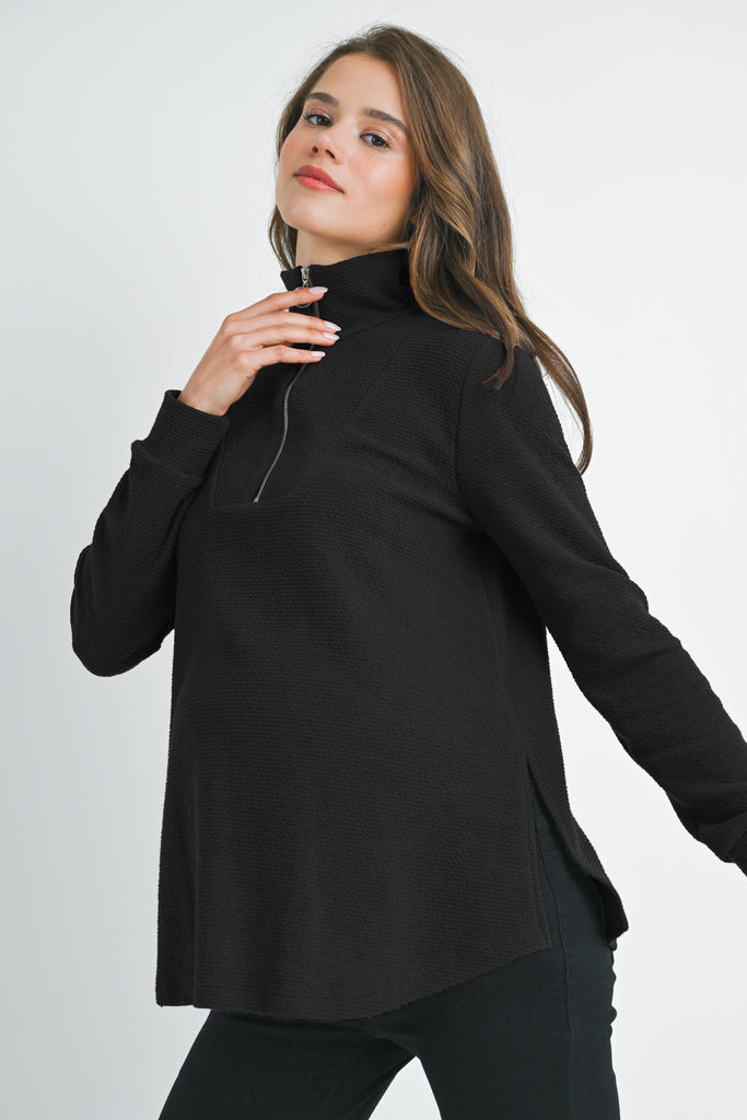 Black Quarter Zip Pull Over V Neck Maternity Knit Top Side View