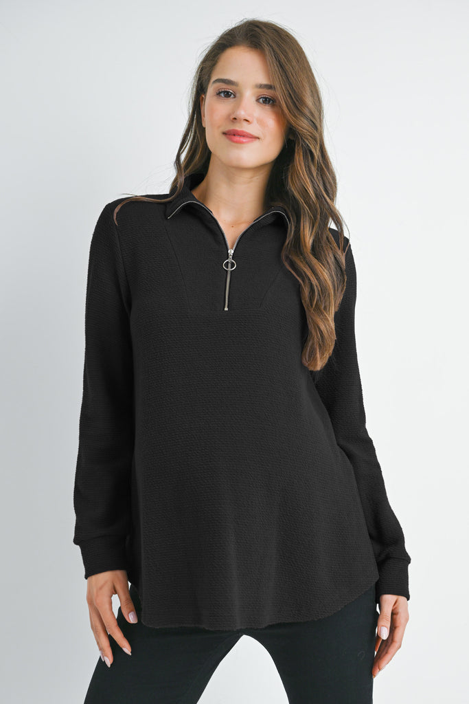 Black Quarter Zip Pull Over V Neck Maternity Knit Top Front View