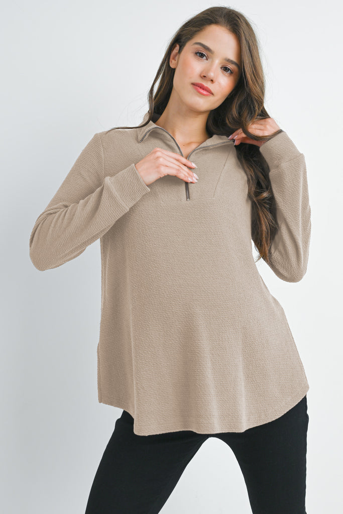 Taupe Quarter Zip Pull Over V Neck Maternity Knit Top Front View