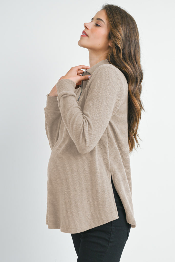 Taupe Quarter Zip Pull Over V Neck Maternity Knit Top Side View