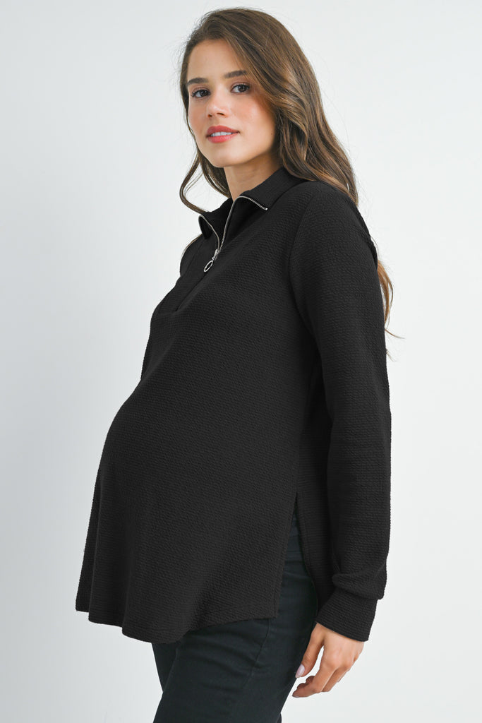 Black Quarter Zip Pull Over V Neck Maternity Knit Top Side View