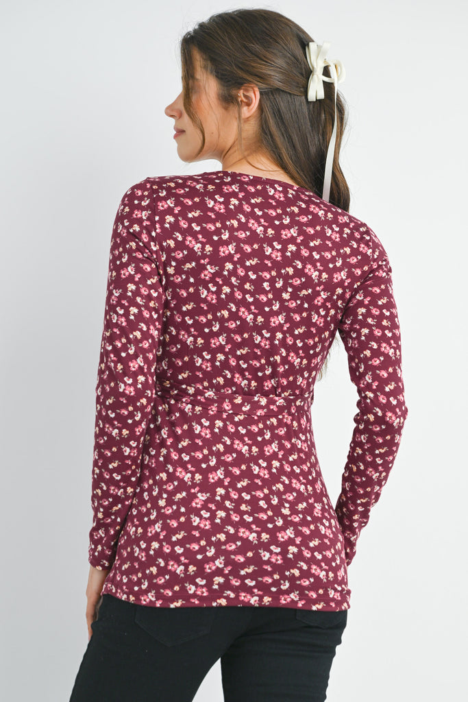 Burgundy Floral Tie Front Long Sleeve Maternity Nursing Top Back View