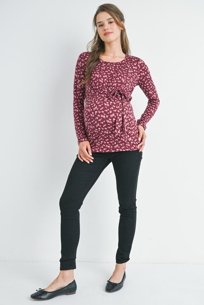 Burgundy Floral Tie Front Long Sleeve Maternity Nursing Top Full Body