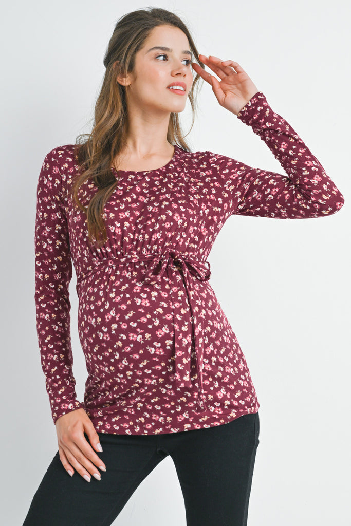 Burgundy Floral Tie Front Long Sleeve Maternity Nursing Front View