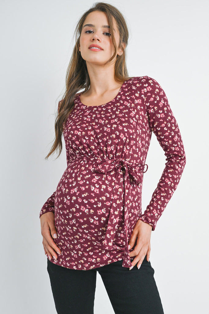 Burgundy Floral Tie Front Long Sleeve Maternity Nursing Top Front View