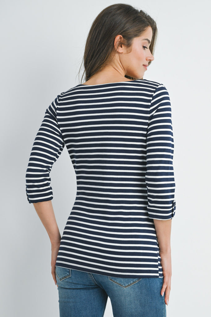 Navy/White Stripe Boat Neck Tab Sleeve Maternity Top Back View