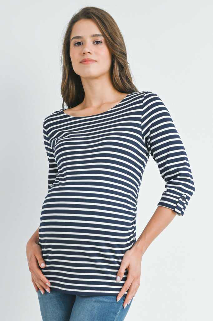 Navy/White Stripe Boat Neck Tab Sleeve Maternity Top Front View