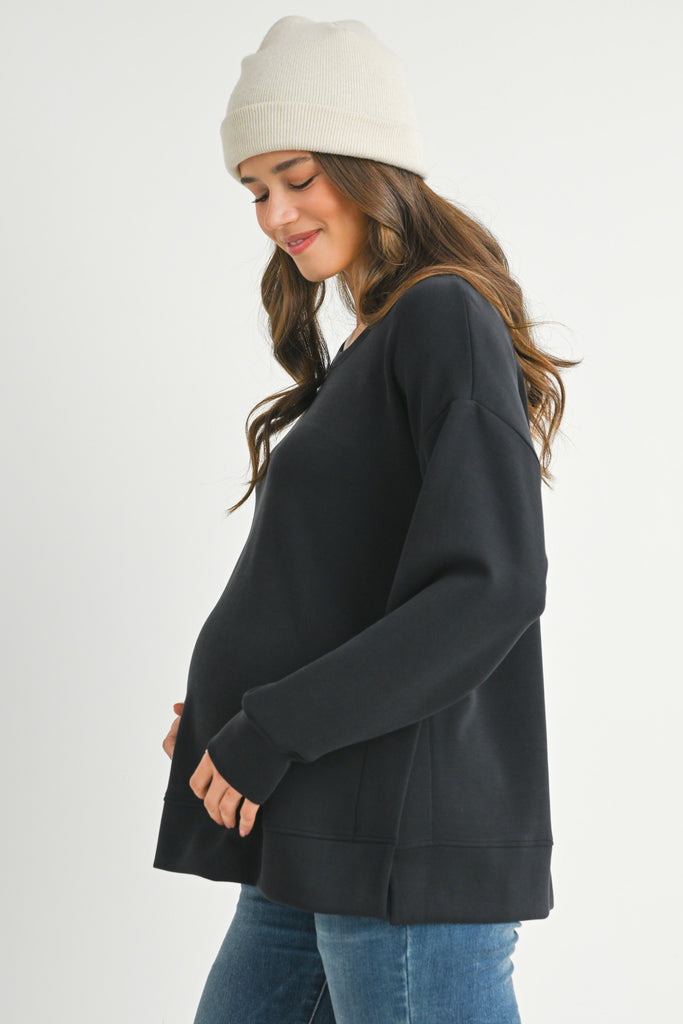 Black Casual Maternity Loose Fit Crewneck Pull Over Side View