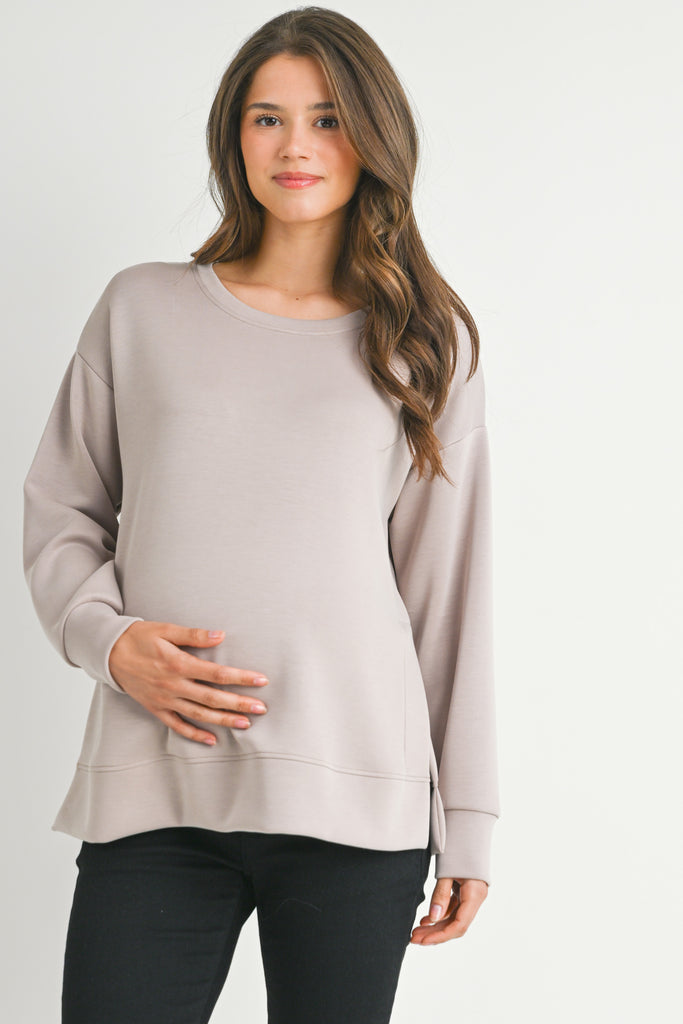 Taupe Casual Maternity Loose Fit Crewneck Pull Over Front View