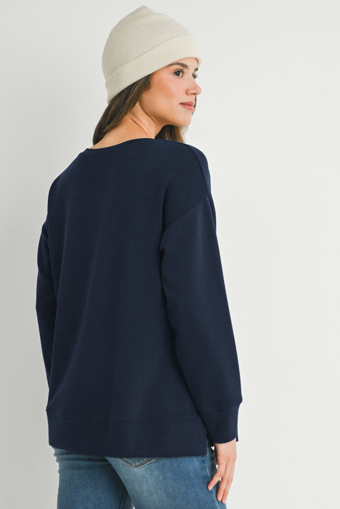 Navy Casual Maternity Loose Fit Crewneck Pull Over Side View