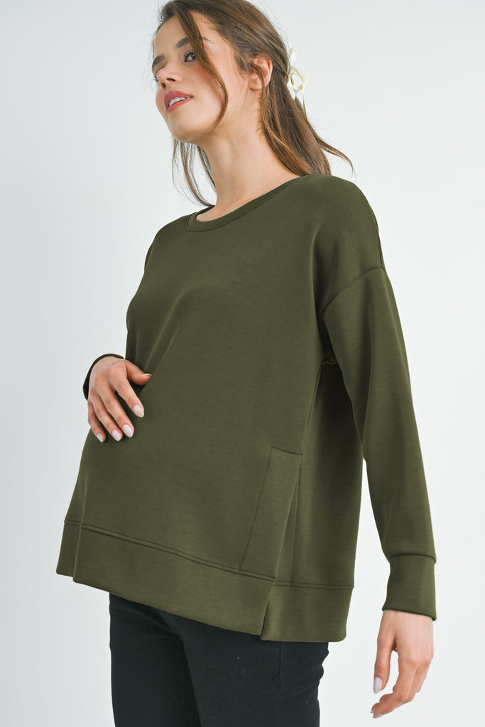 Olive Casual Maternity Loose Fit Crewneck Pull Over Side View