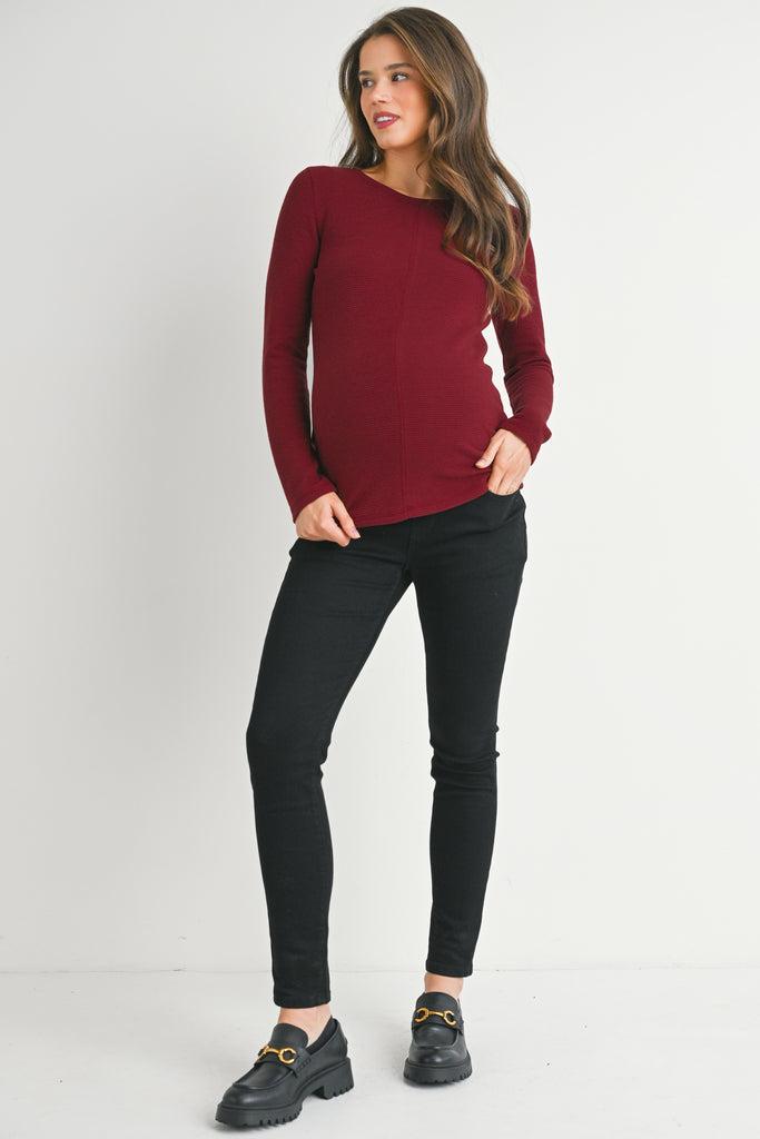 Burgundy Reverse Stitching Long Sleeve Crewneck Maternity Top Full Body