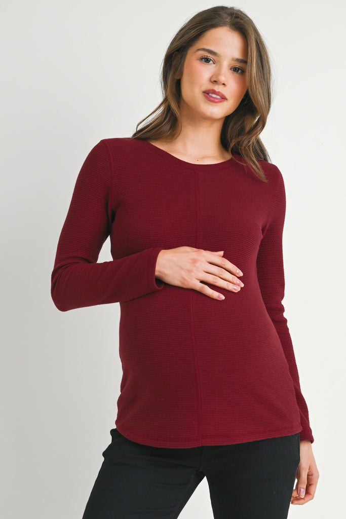 Burgundy Reverse Stitching Long Sleeve Crewneck Maternity Top Front View