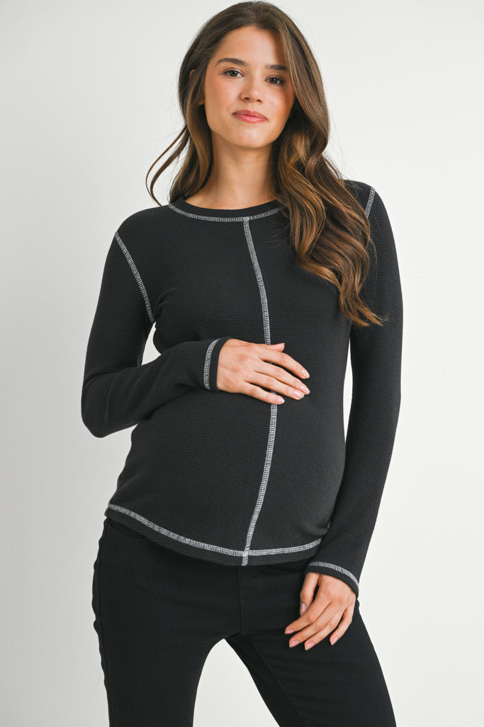 Black Reverse Stitching Long Sleeve Crewneck Maternity Top Front View