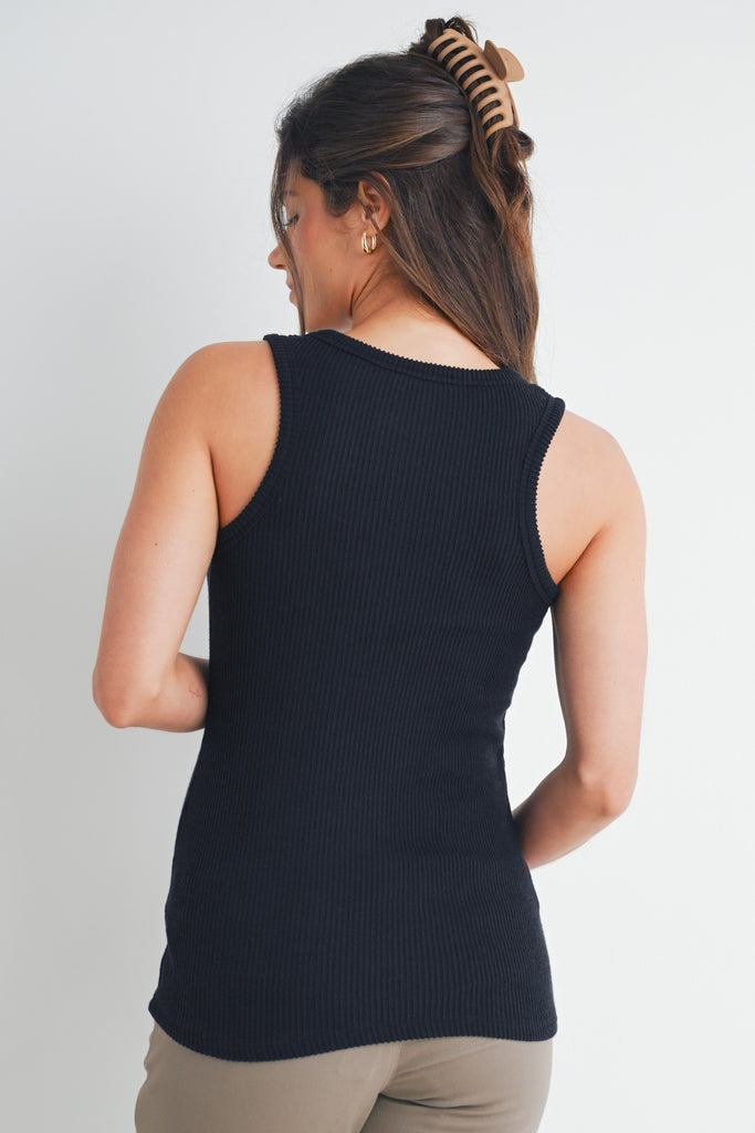 Black Rib Scoop Neck Maternity Tank Top Back View