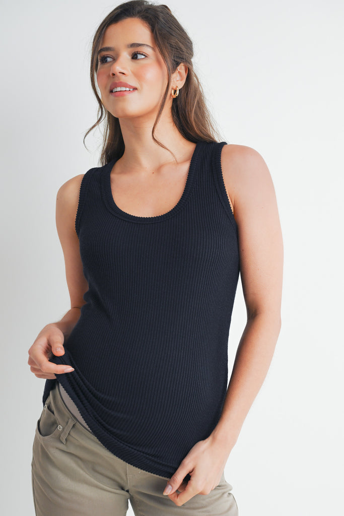 Black Rib Scoop Neck Maternity Tank Top Front View