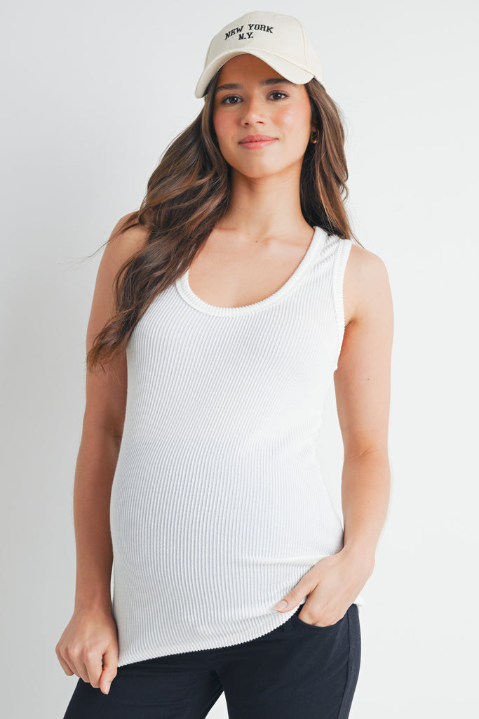 Off White Rib Scoop Neck Maternity Tank Top Front View