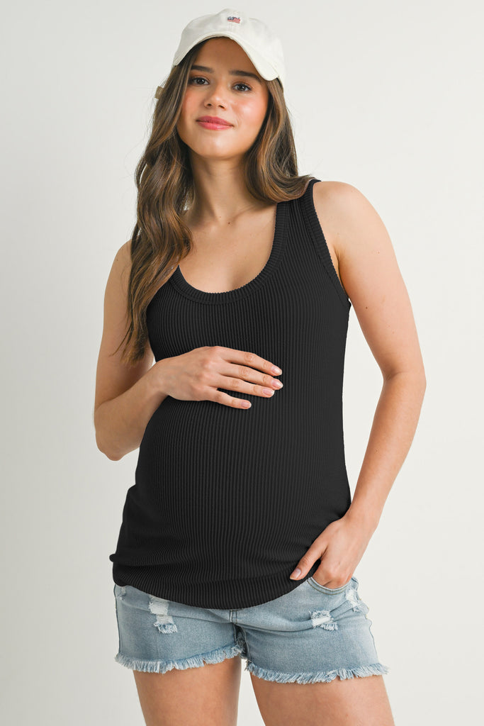 Black Rib Scoop Neck Maternity Tank Top Front View