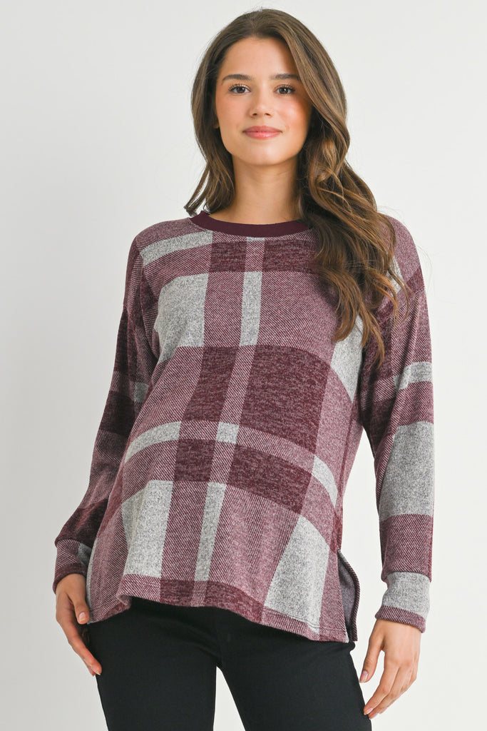 Burgundy Plaid Crewneck Long Sleeve Maternity Pullover Top Front View