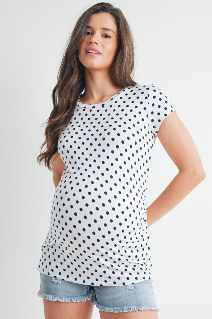 Ivory/Navy Polka Dot Short Sleeve Maternity Top Front View