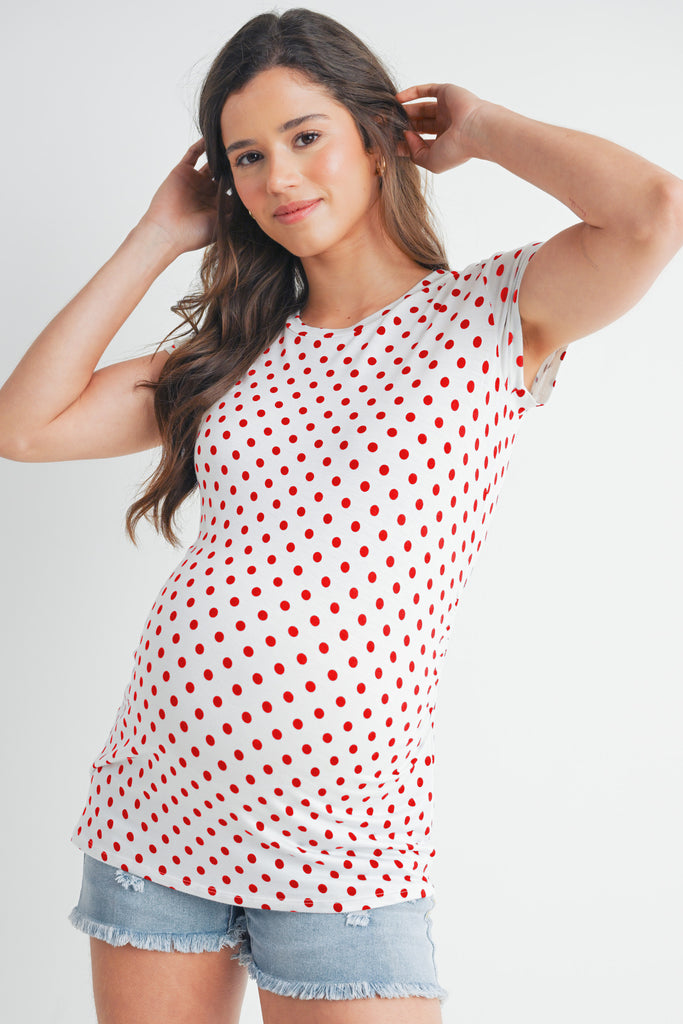 Ivory/Red Polka Dot Short Sleeve Maternity Top Front View