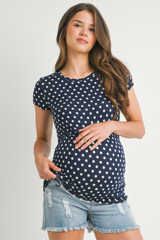 Navy/Ivory Polka Dot Short Sleeve Maternity Top Front View